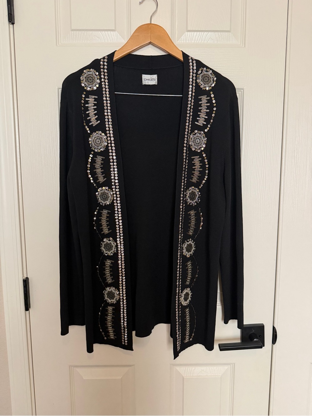 Chico's Black Open-Front Cardigan with Metallic Embellishment